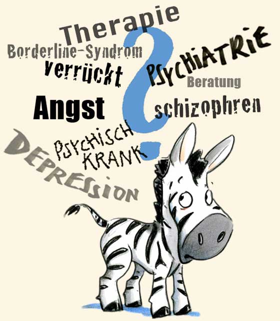 Zebra, über dessen Kopf Begriffe zum Thema psychische Krankheiten angeordnet sind 